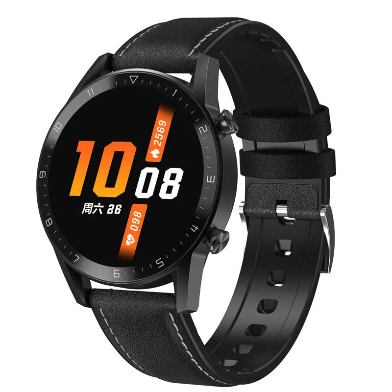 Multifunctional sports watch with black genuine leather strap and 1.3-inch touch screen display