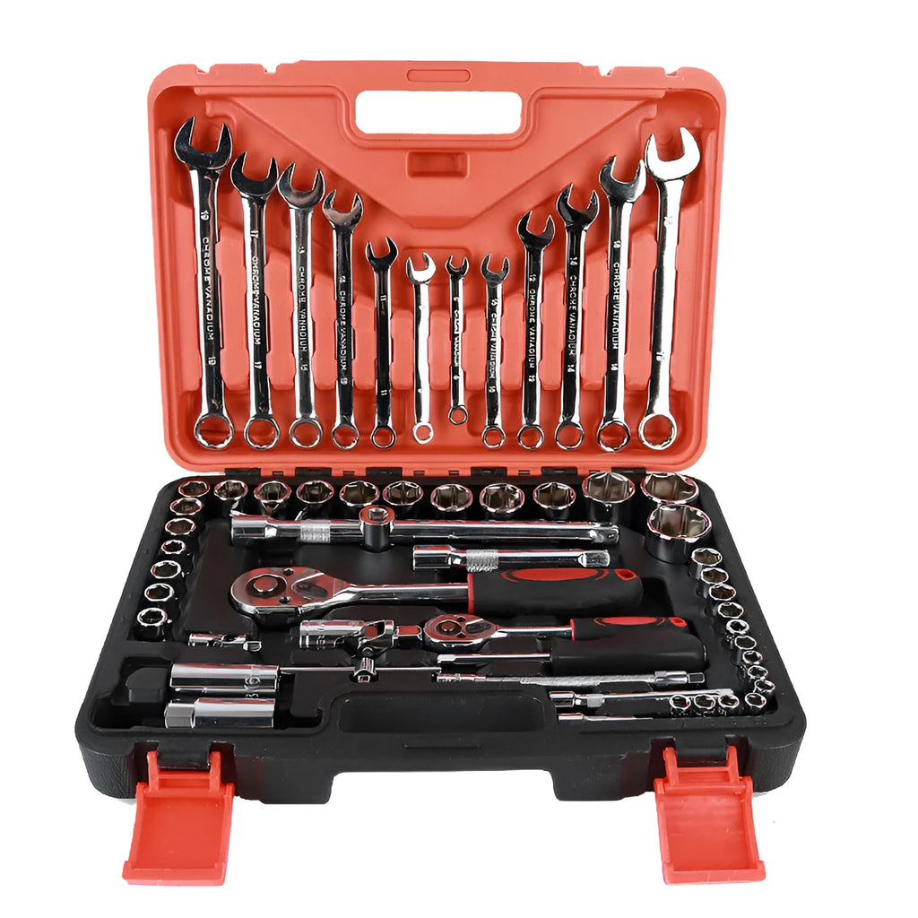61-piece chrome vanadium steel auto repair socket and wrench set with ratchets, metric sockets, and extension rods in a storage box.