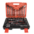 61-piece chrome vanadium steel auto repair socket and wrench set with ratchets, metric sockets, and extension rods in a storage box.