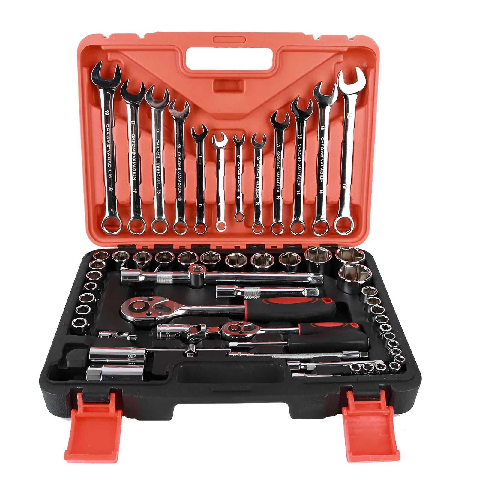 61-piece chrome vanadium steel auto repair socket and wrench set with ratchets, metric sockets, and extension rods in a storage box.