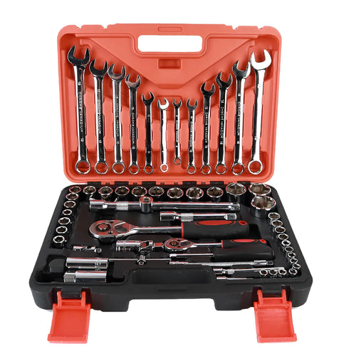 61-piece chrome vanadium steel auto repair socket and wrench set with ratchets, metric sockets, and extension rods in a storage box.
