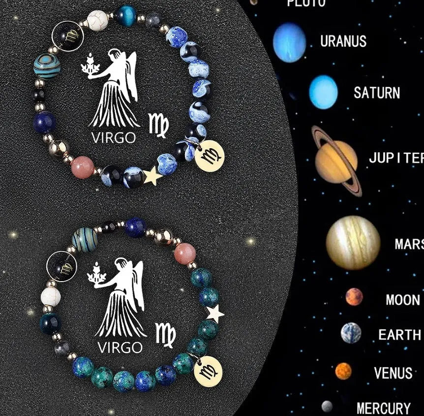 Set of two natural stone beaded bracelets with zodiac sign charms on an adjustable cord.