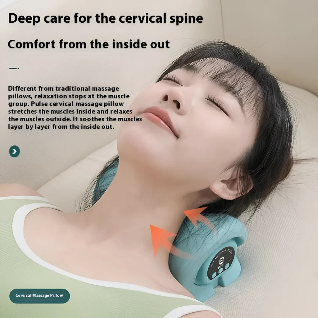 Blue-green portable cervical spine massage pillow showing compact dimensions