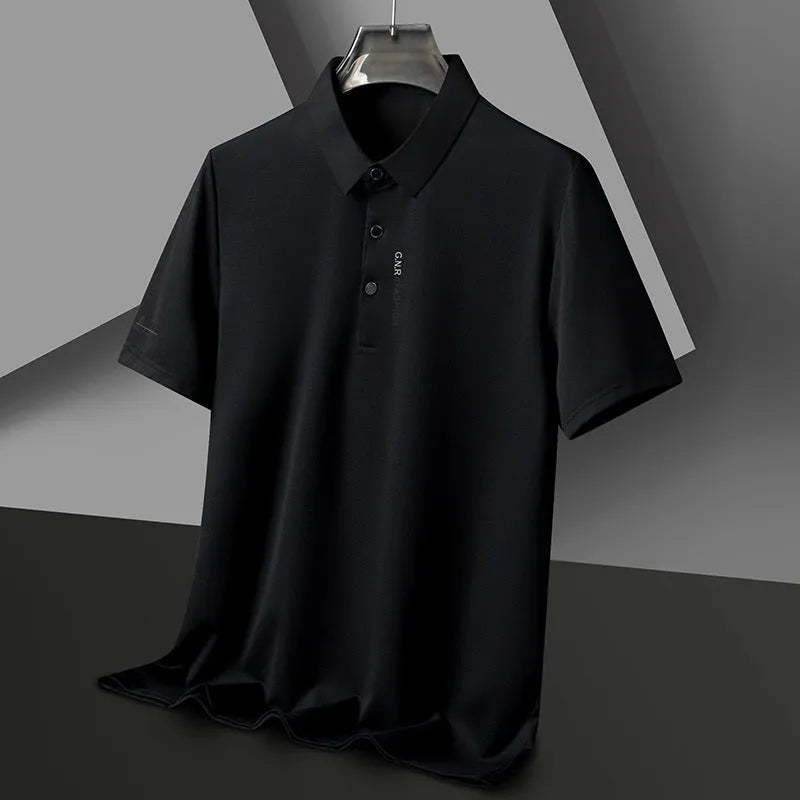 Men's waffle short sleeve polo shirt, loose fit, polyester, side slits, available in black, green, khaki, and other colours