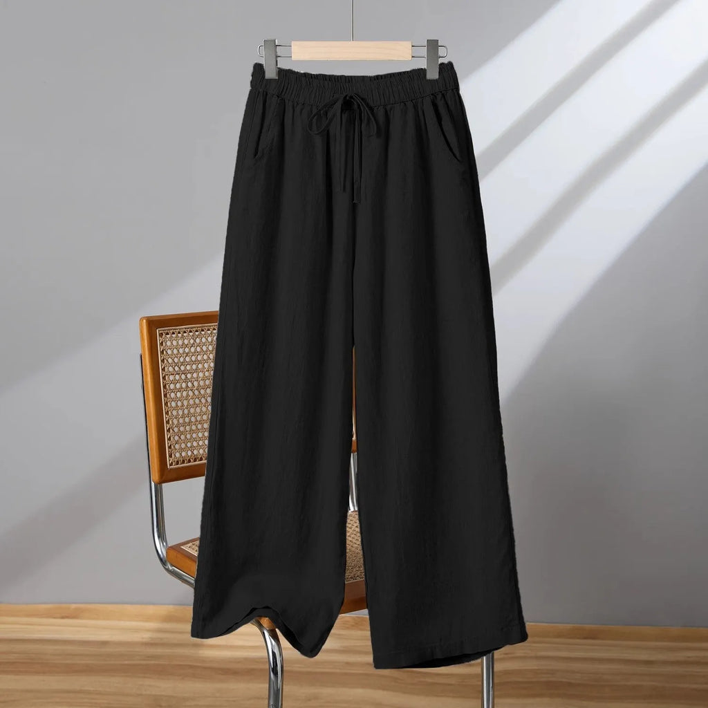 Women's straight-leg casual trousers with drawstring waist in polyester fabric