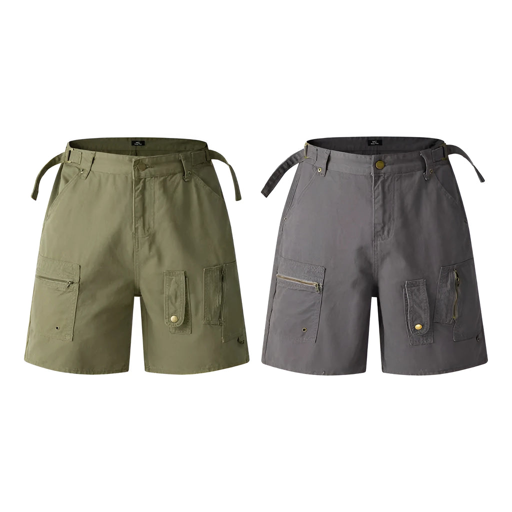 Retro loose-fit washed cotton workwear shorts for men and women in camouflage colour with a zipper fly.