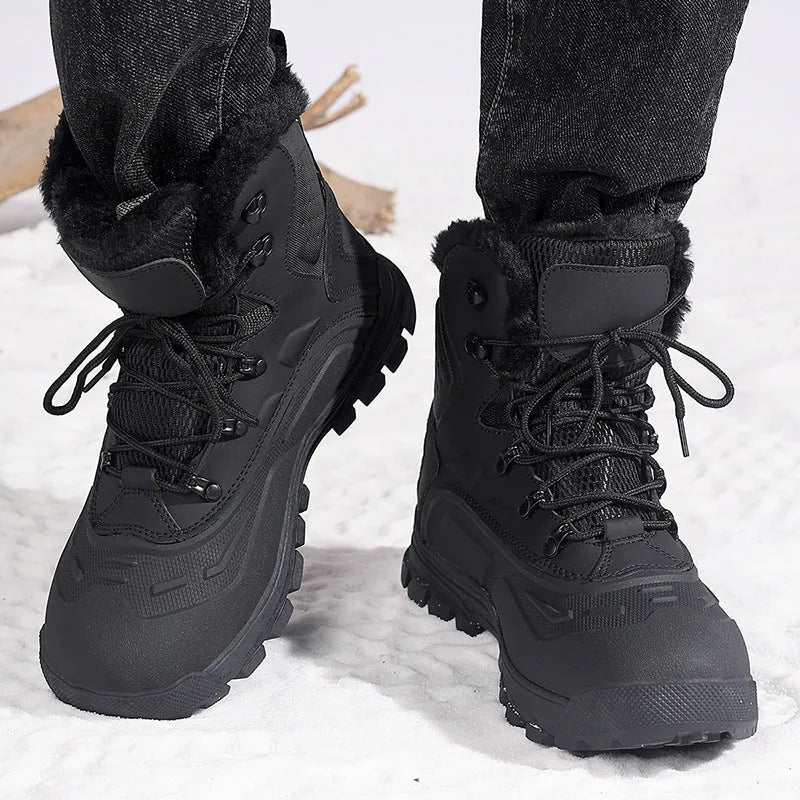 Men's black high-top winter boots with fleece lining and lace-up front, showing ribbed sole.