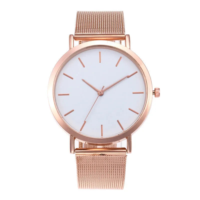 Simple ladies quartz watch with alloy case and stainless steel strap on wrist