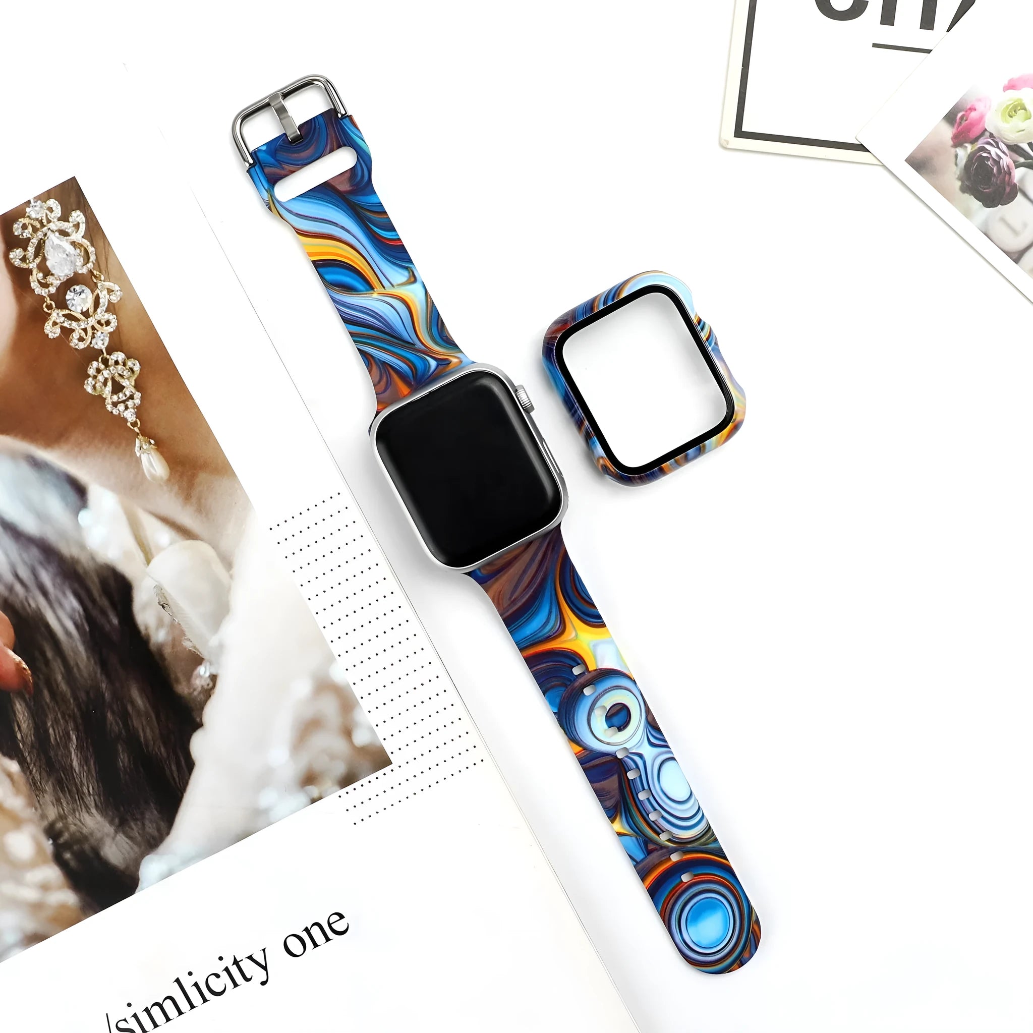 Printed silicone strap for Apple Watch showing design options and size variations
