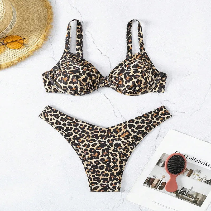 Women's creative sling leopard print high-waist one-piece swimsuit for swimming, front view