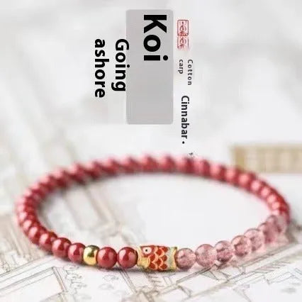 Close-up of a women's adjustable bracelet made with purple cinnabar and strawberry quartz beads in a retro style.