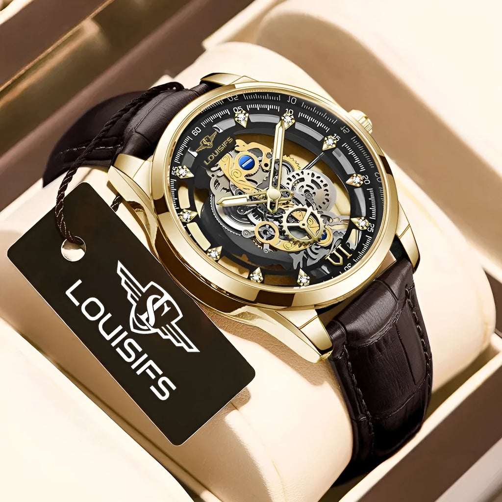 Men's Swiss quartz wristwatch with a business design and leather strap.