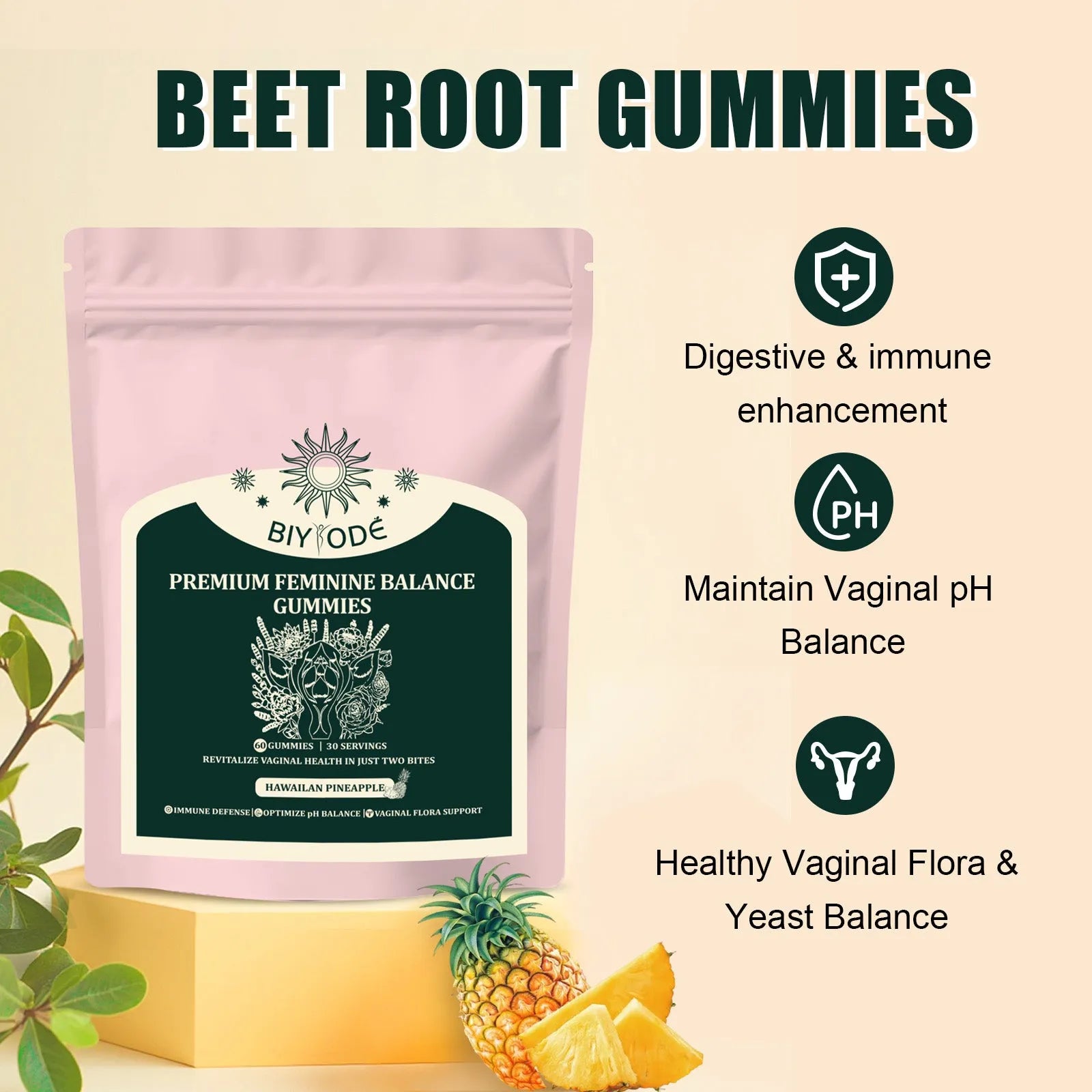 Bag of feminine balance vitamin C gummies with pineapple fruit powder for vaginal flora support