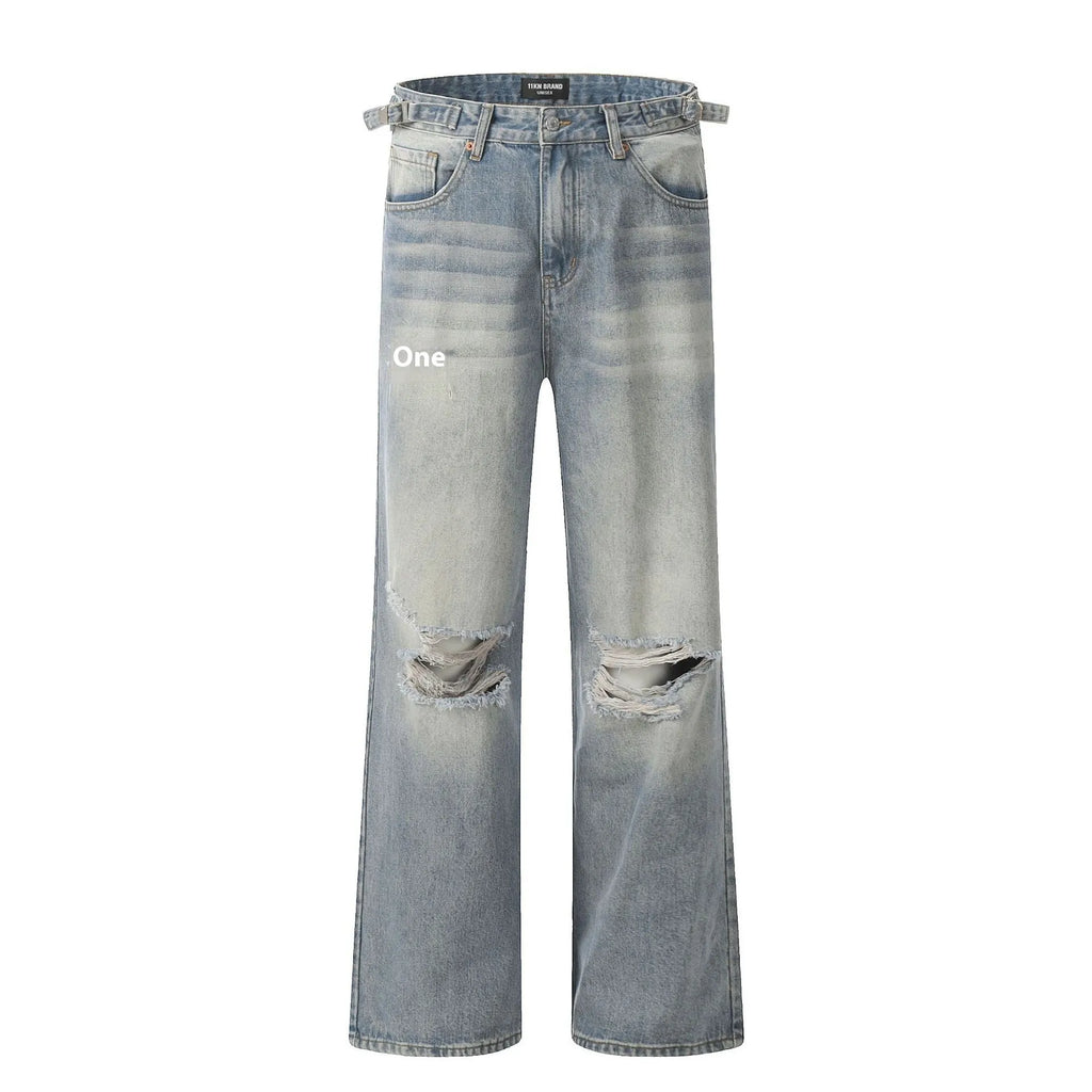 Blue men's straight-leg ripped jeans with a cotton blend fabric and zipper fly.