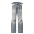 Blue men's straight-leg ripped jeans with a cotton blend fabric and zipper fly.