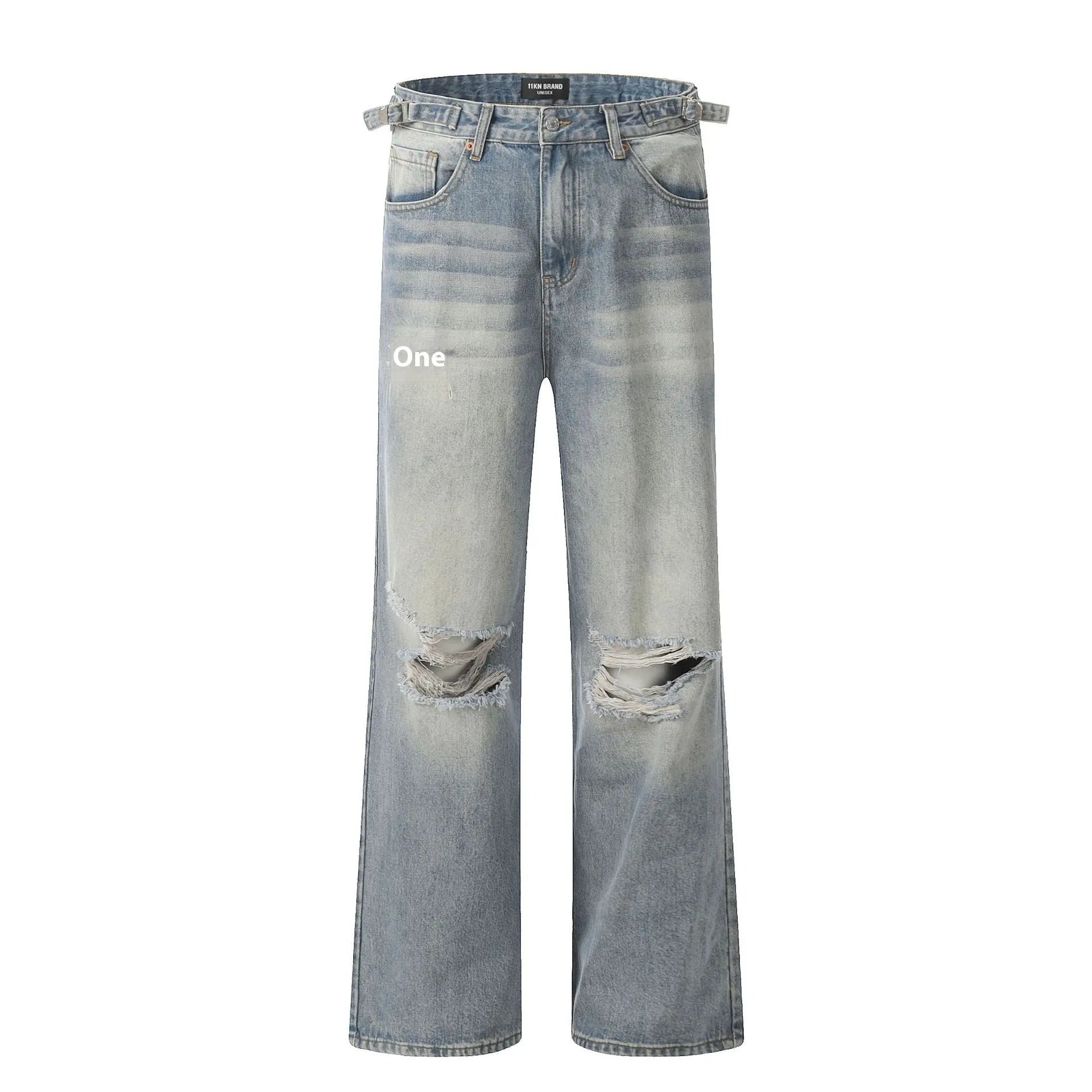 Blue men's straight-leg ripped jeans with a cotton blend fabric and zipper fly.