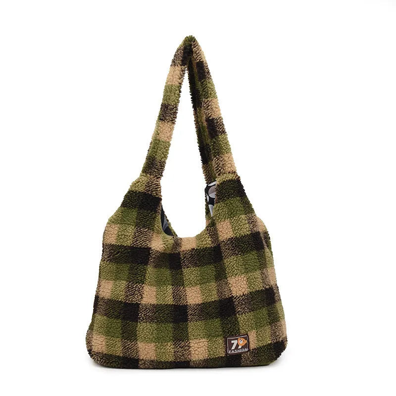 Women's plush plaid crossbody tote bag in Army Green colour showing large capacity and zippered compartment