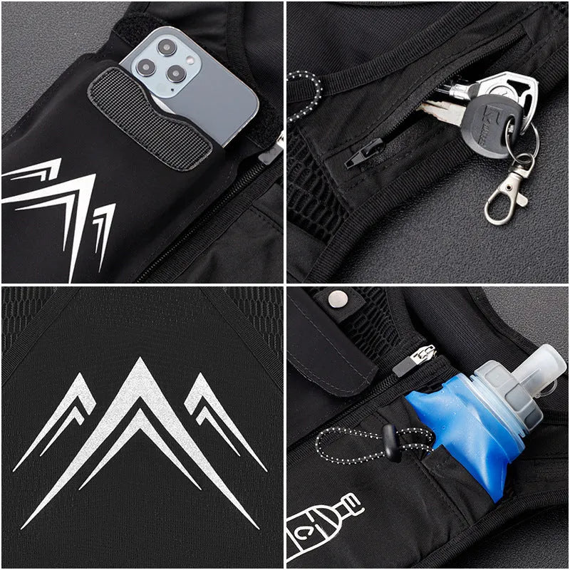 Black breathable mesh running vest with front phone pocket and optional shoulder hydration flask.