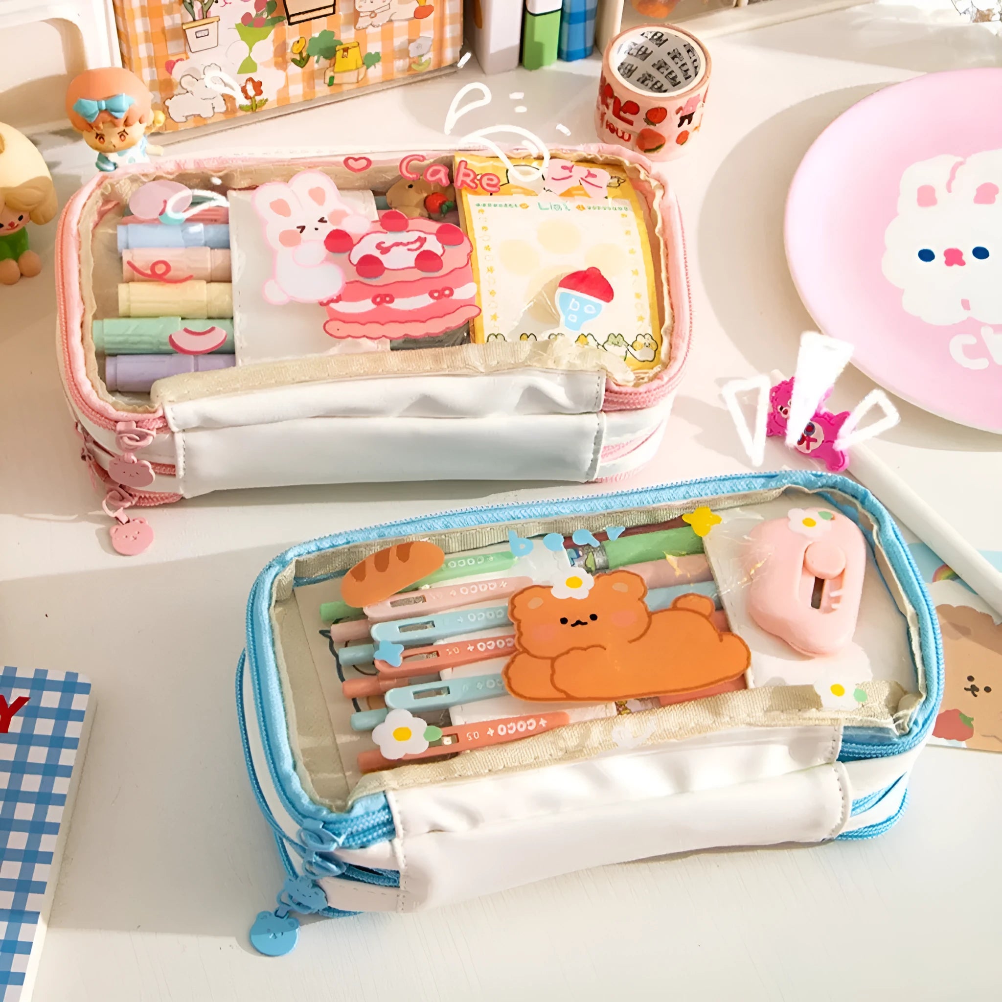 Transparent heart-shaped pen case with Korean-style rabbit motif, pink and red design options