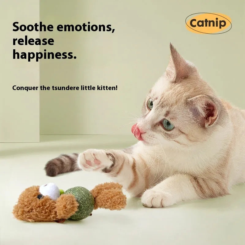 Plush catnip ball toy in brown bear design with bell, measuring 15cm tall for kitten biting play