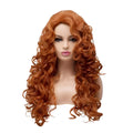 Brown long wavy curly costume wig on display head for Halloween and cosplay