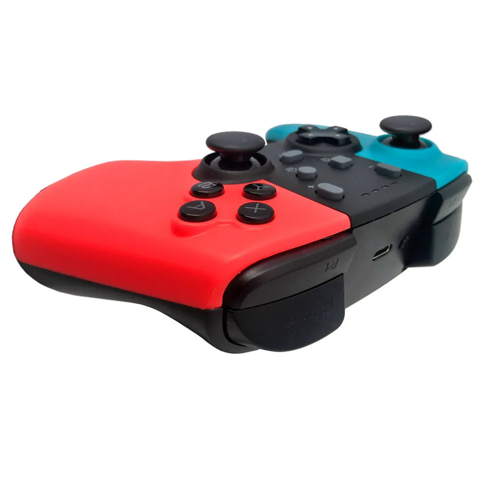 Black wireless Nintendo Switch game controller with analogue sticks and face buttons.