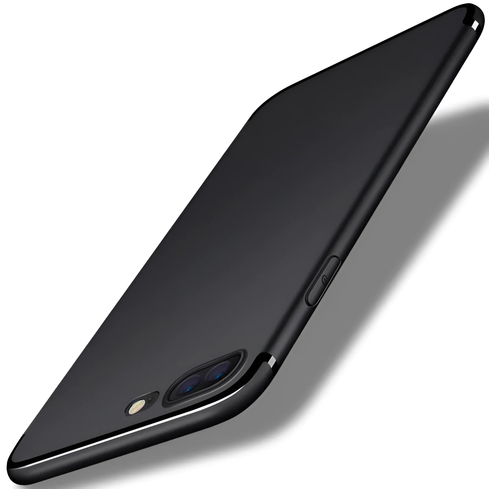 Flexible black silicone protective case for an iPhone, showing the model cutouts.