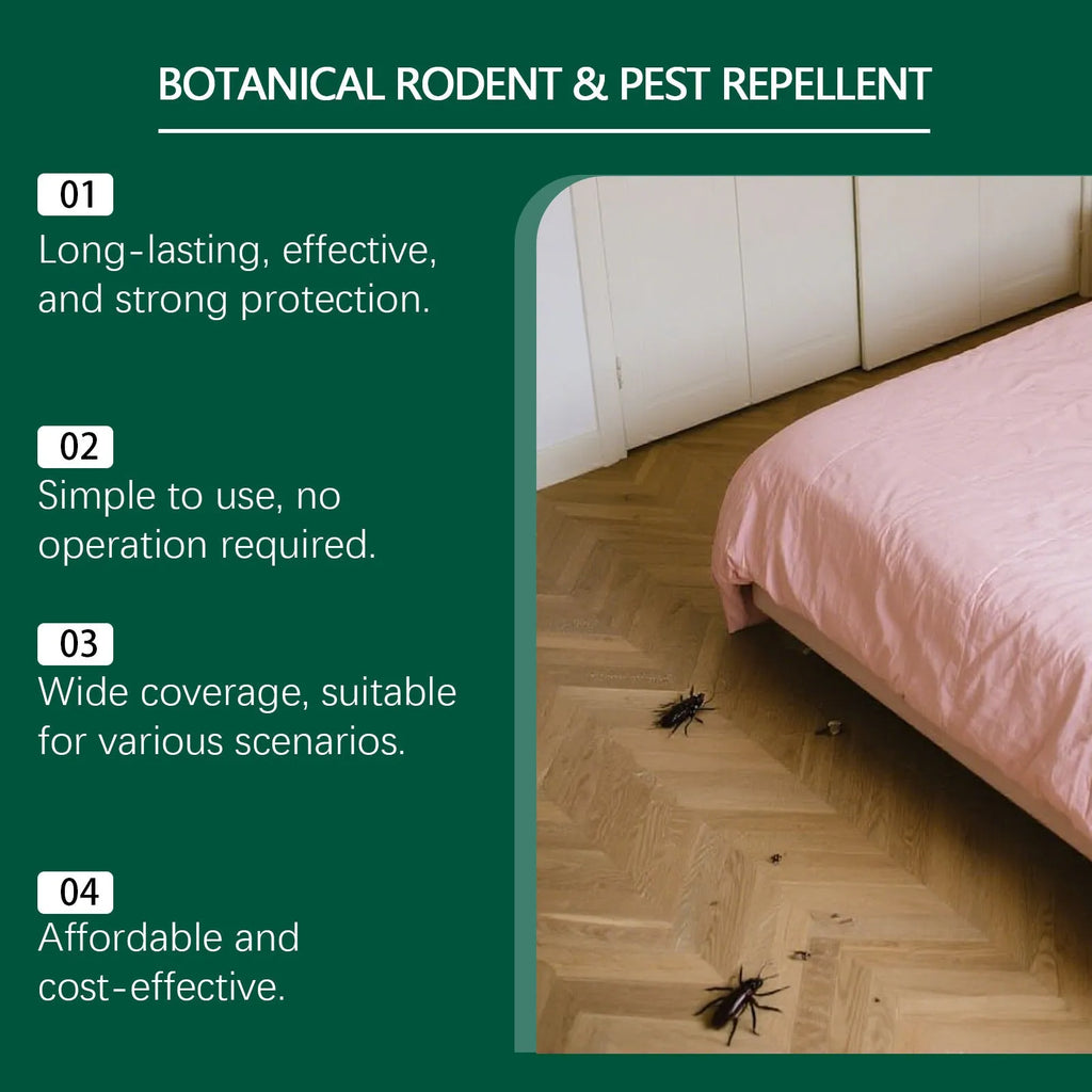 Ten grey rodent repellent pills and three white mesh bags for warehouse and household pest control.