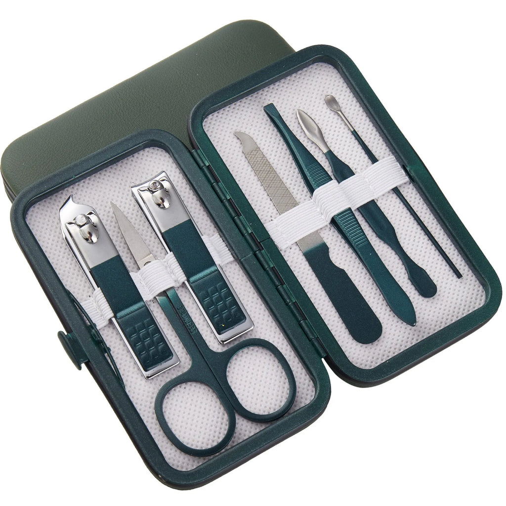 Emerald green manicure pedicure set in case with stainless steel and carbon steel nail clippers