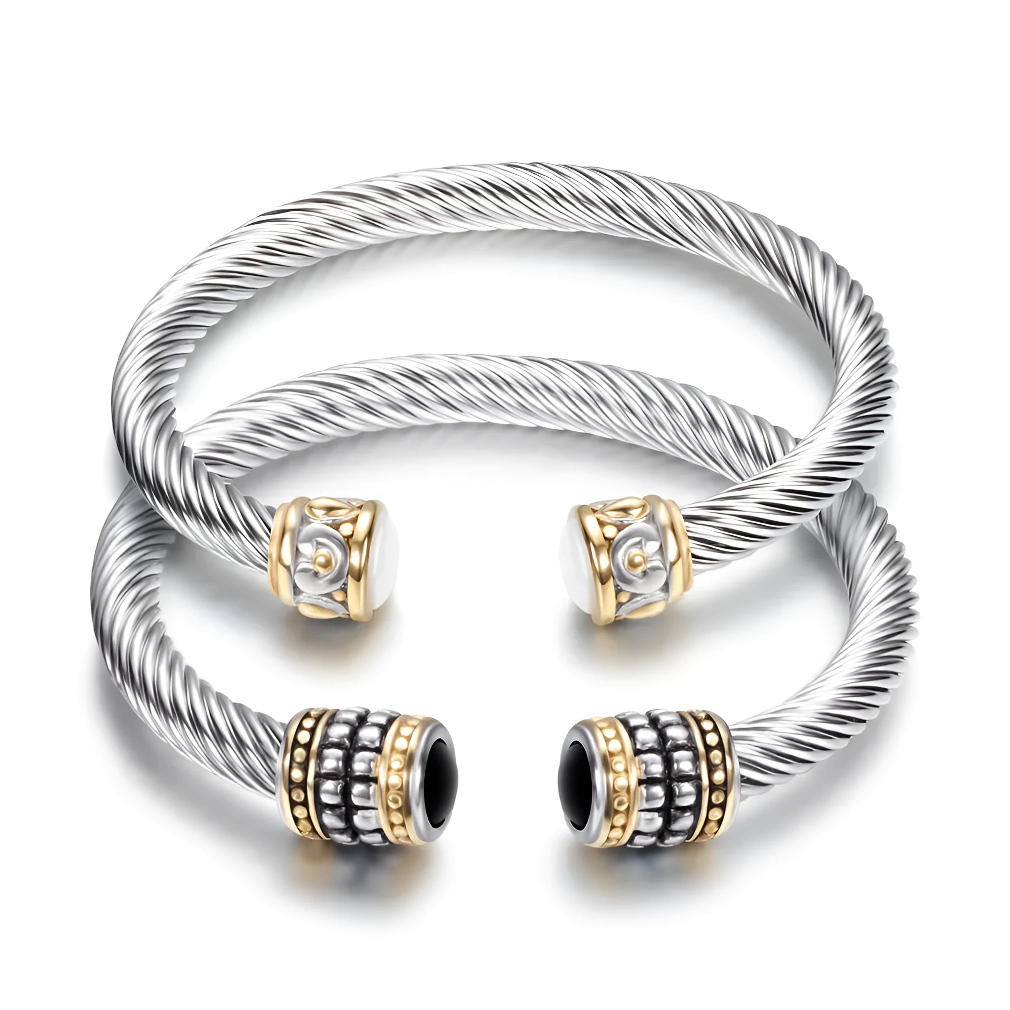Two-tone vintage gold stainless steel bangle bracelet with black and golden finish on white background