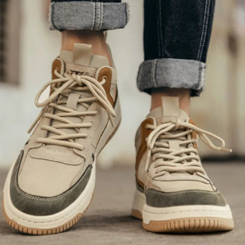 Cotton-padded high-top leather shoes in beige with lace-up closure and velvet lining side view
