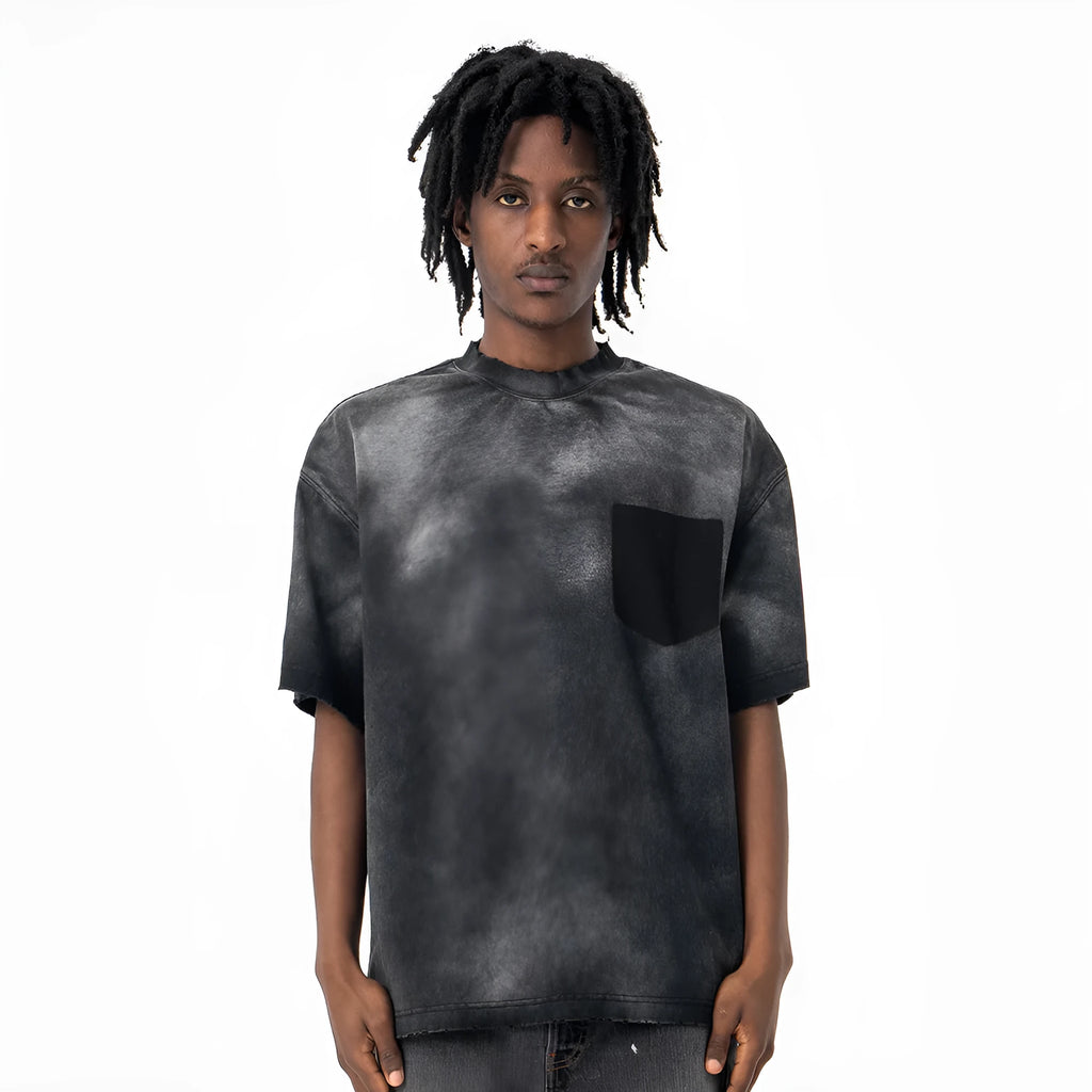 Men's black cotton t-shirt with printed lettering and drop-shoulder sleeves