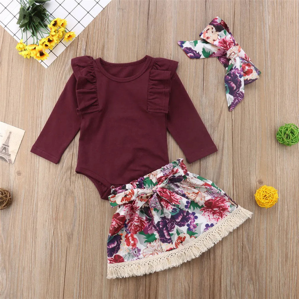 Ramia ruffle set for baby girls: long sleeve top romper, floral skirt, headband, cotton blend, sizes 70-100cm