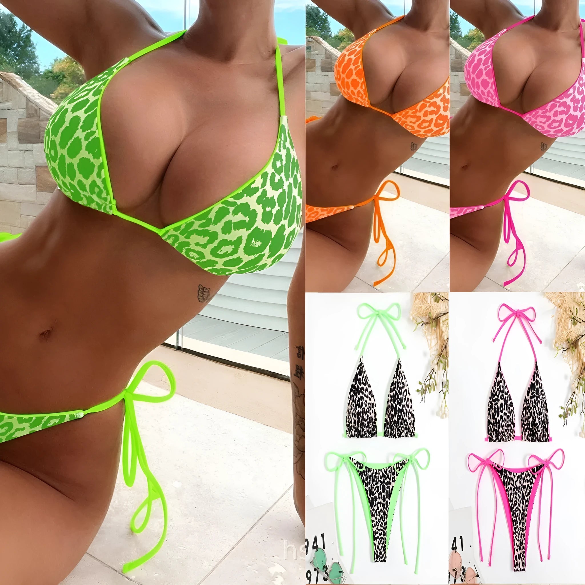 Women's lace-up front triangle bikini top with split bottoms in polyester fabric.