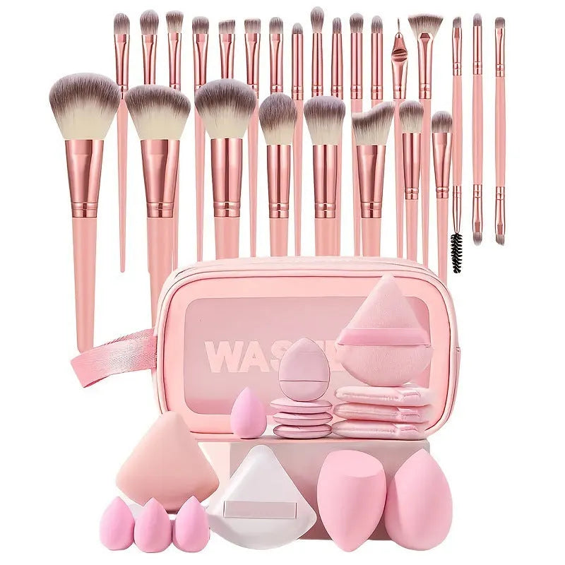 Hydrophilic non-latex beauty tools set with brushes in brown, pink, and purple colours for face washing and makeup