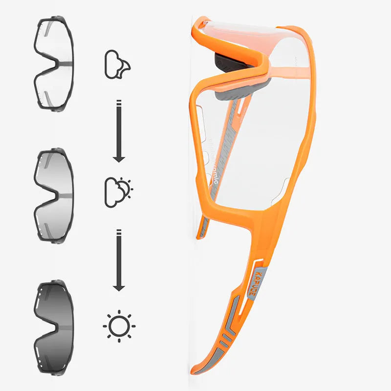 Photochromic cycling sunglasses with a semi-rimless TR90 frame shown in one of fourteen colour options.