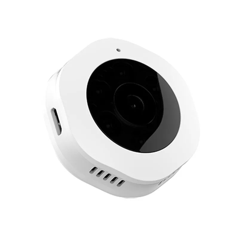 Mini round 1080P body camera with motion detection and Micro SD support, shown on a surface with magnetic pad