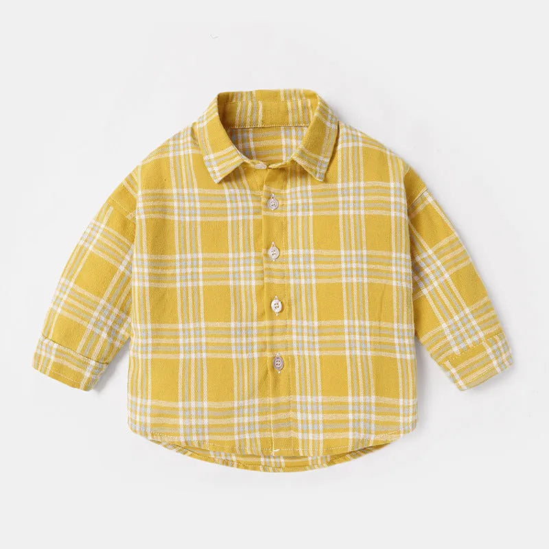 Boys cotton lattice shirt with animal pattern in khaki, blue, pink, or yellow