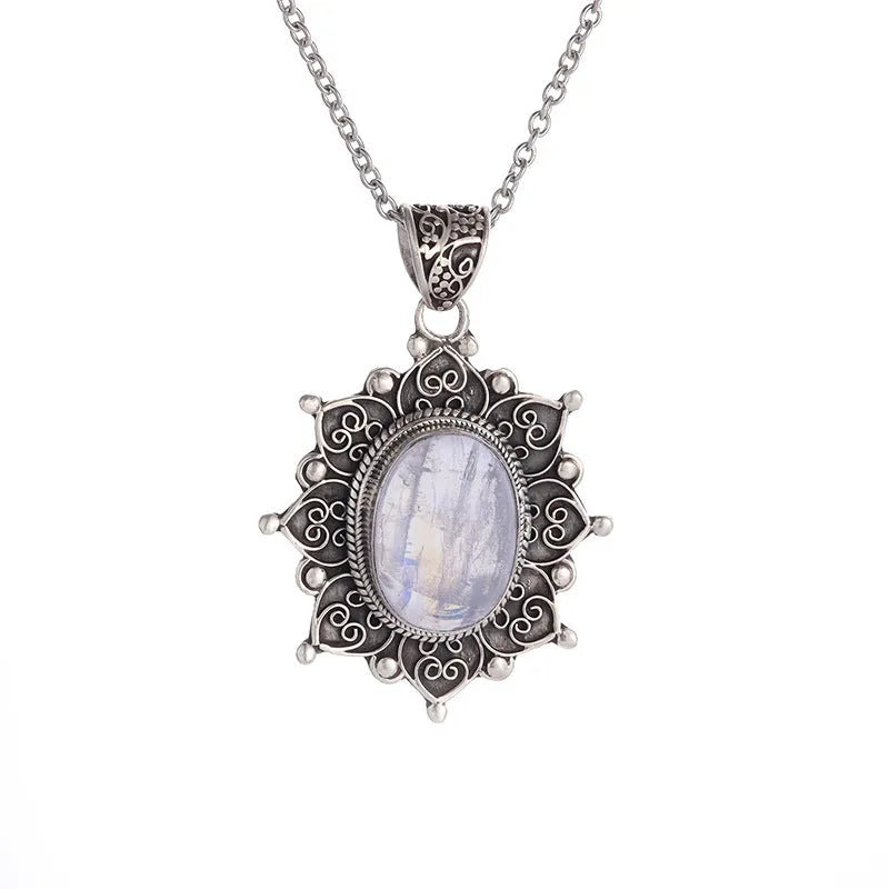 Silver sunflower gemstone pendant necklace on a 51-60cm adjustable clavicle chain with electroplated finish.