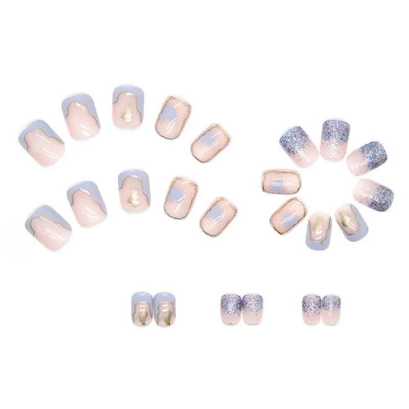 Nude short square fake nails 24pcs in R593 cream colour with glue in box