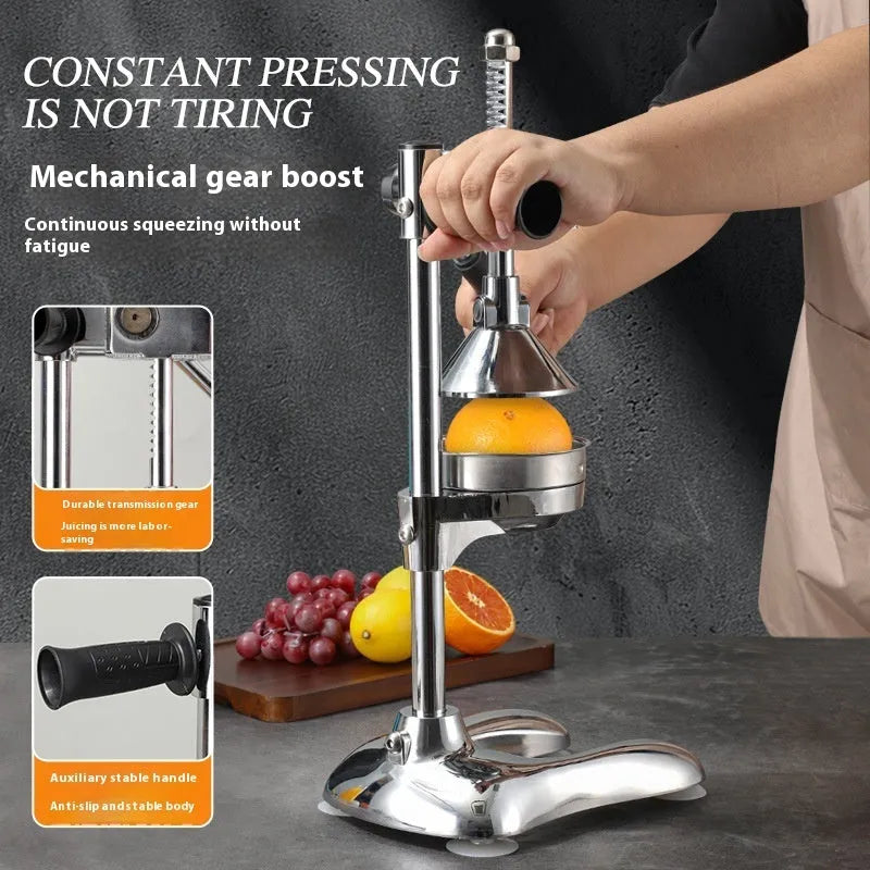 Vertical stainless steel manual juicer with zinc alloy frame in multiple colour options