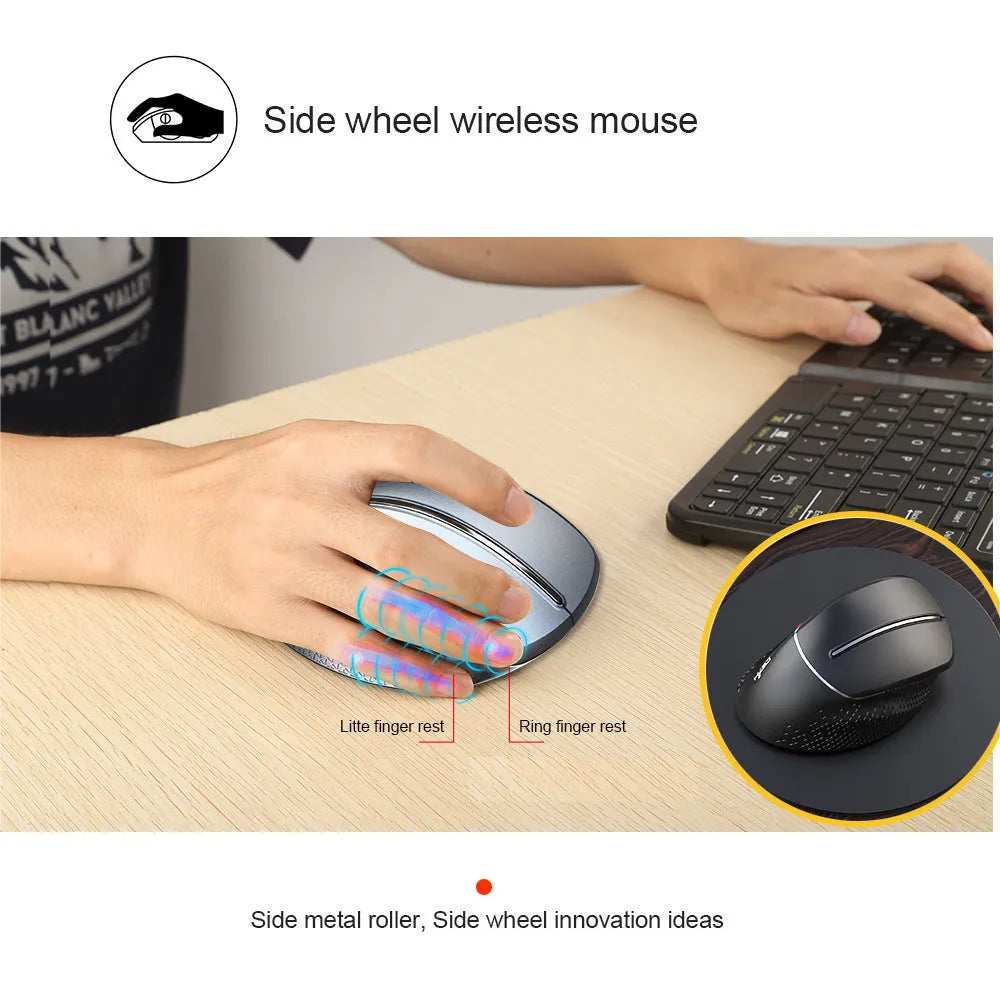 T32 wireless vertical ergonomic mouse in black matte finish showing aluminium side roller and vertical design