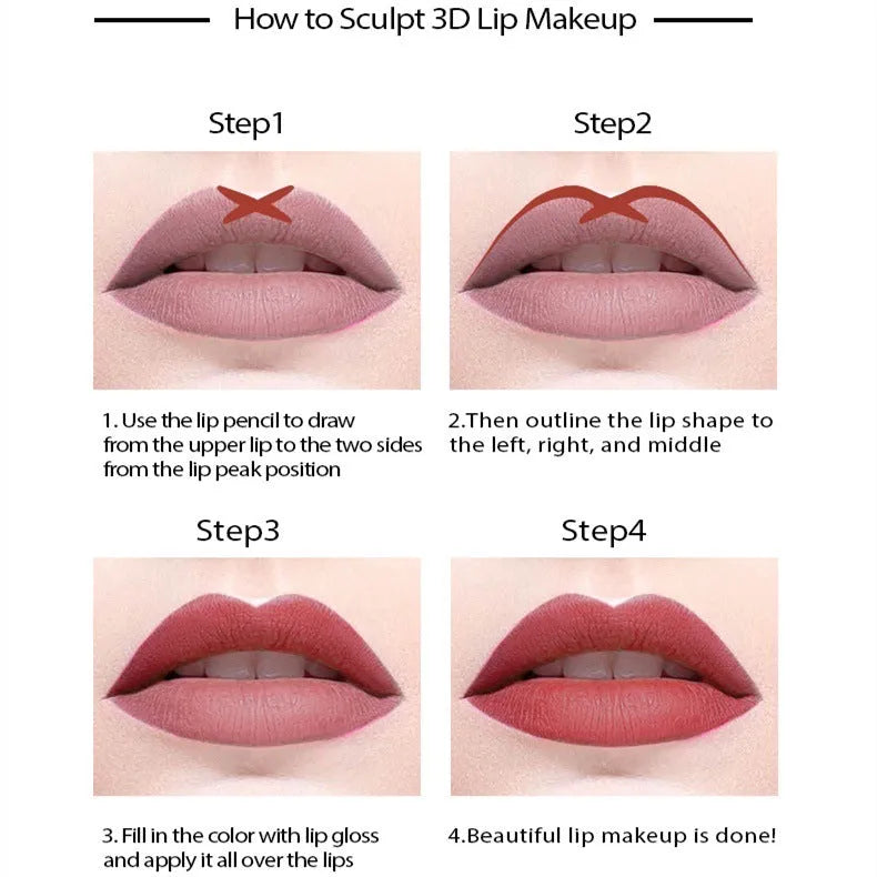Wood-cased matte lip liner pencil in one of fourteen shades, shown on a hand