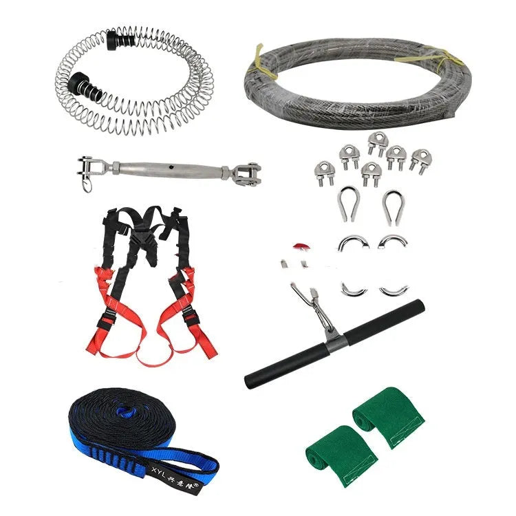 10 metre children's outdoor pulley zipline kit with safety retractors and alloy steel components