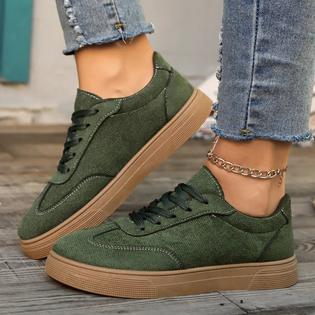 Women's casual lace up shoes with round toe, cross shoulder straps, low heel, in khaki colour