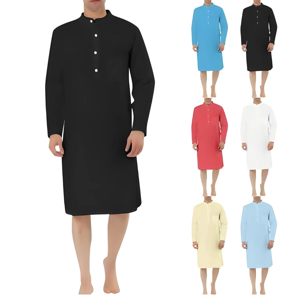 Man wearing a light blue cotton shirt-style robe with front pockets, showcasing casual loungewear.