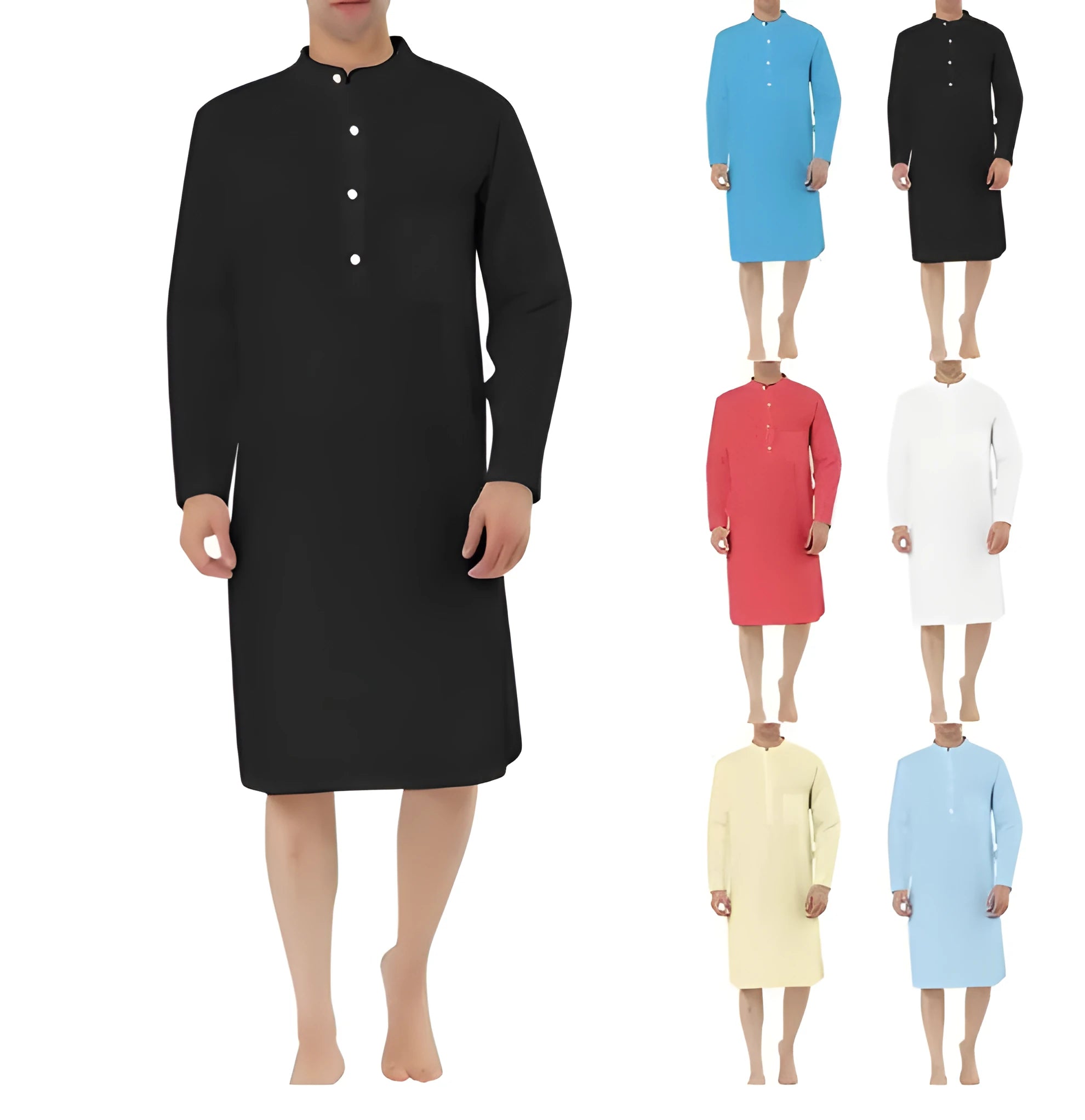 Man wearing a light blue cotton shirt-style robe with front pockets, showcasing casual loungewear.