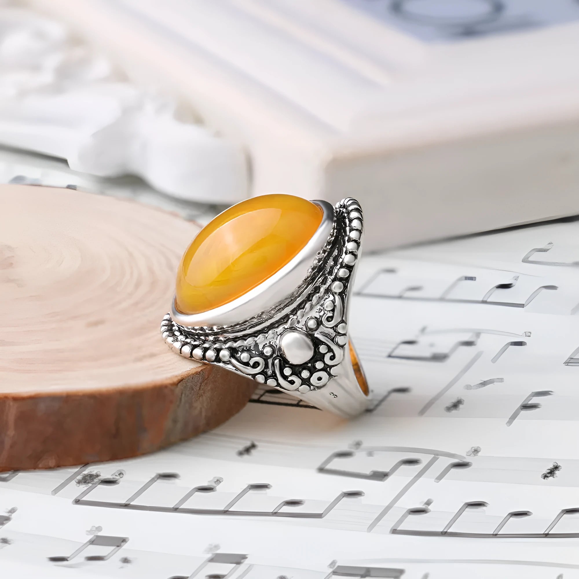 Geometric retro ring with fluorescent beeswax detailing on antique silver electroplated alloy