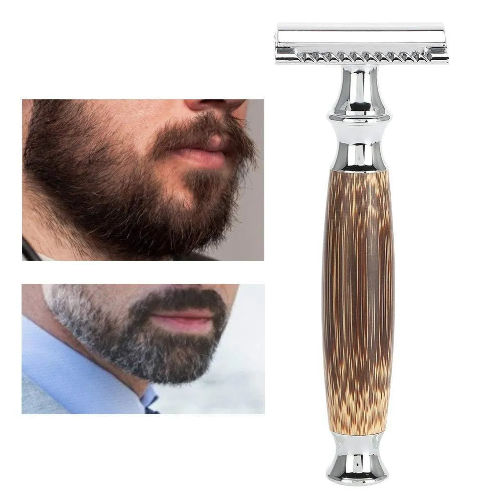 Natural bamboo handle double edged safety razor with silver metal head, 43mm x 132mm