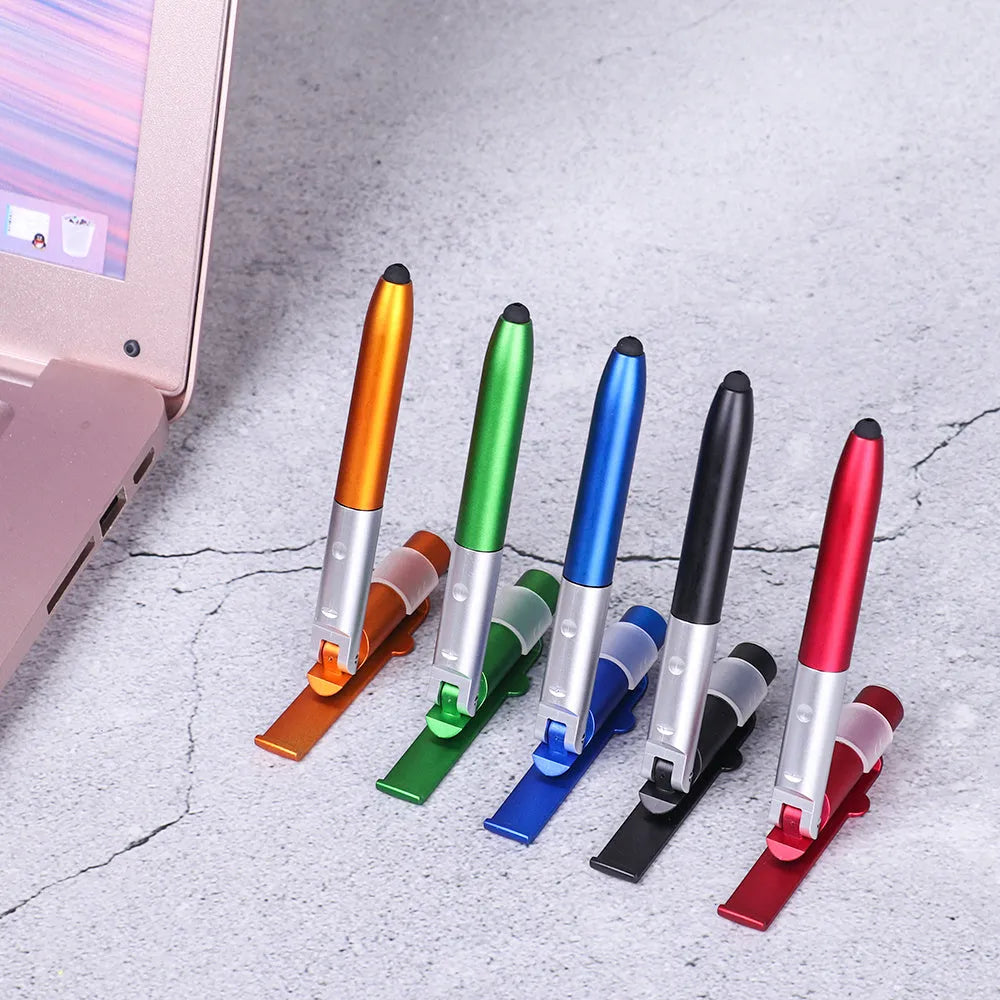 4-in-1 folding light pen mobile phone holder in plastic with LED lamp, black colour, folded position